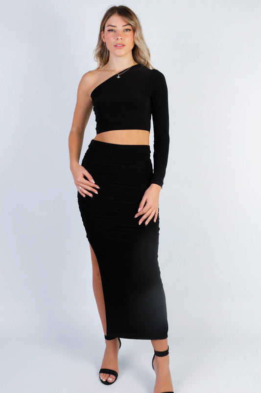 Ariel Midaxi Ruched Skirt in Black