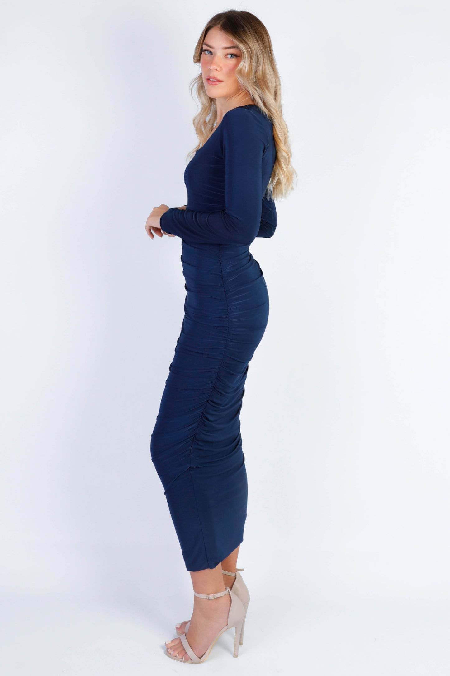 Evie Square Neck Long Sleeve Ruched Midaxi Dress in Navy