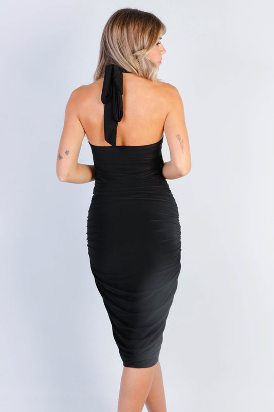 Kaia Halter Neck Ruched Midi Dress in Black
