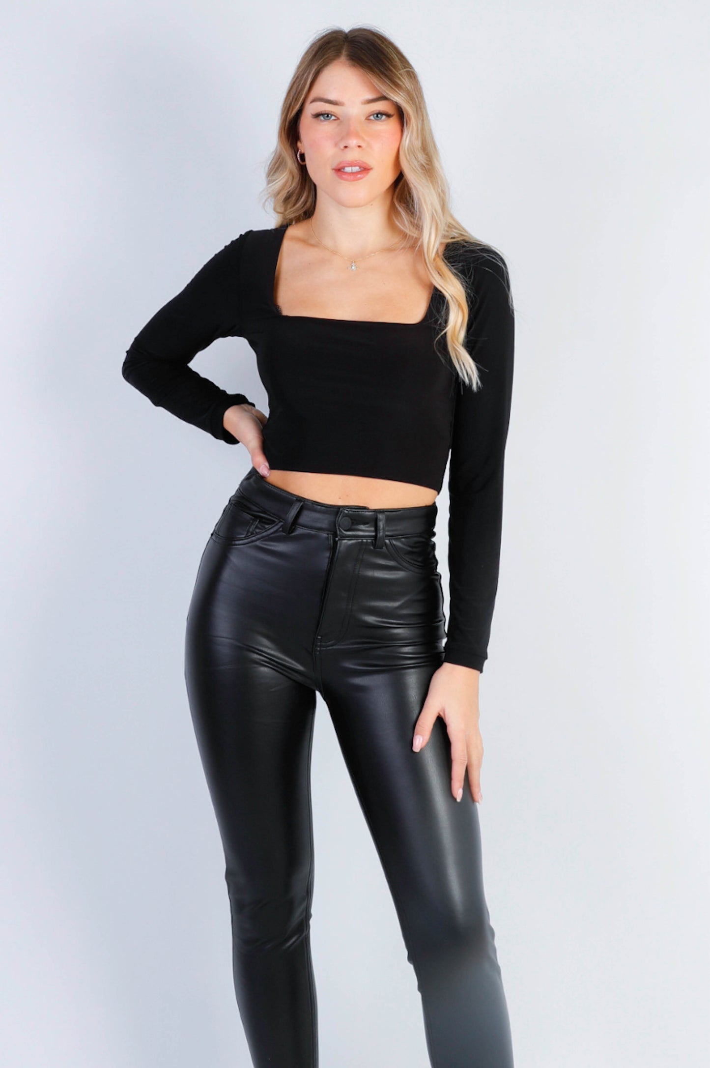 Monica Long Sleeve Square Neck Crop Top In Black