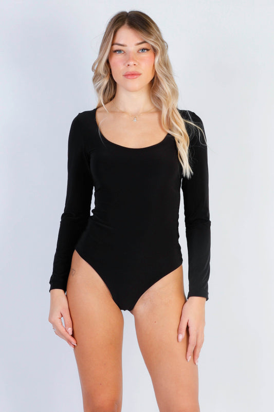Remi Long Sleeve Round Neck Bodysuit In Black No Poppers