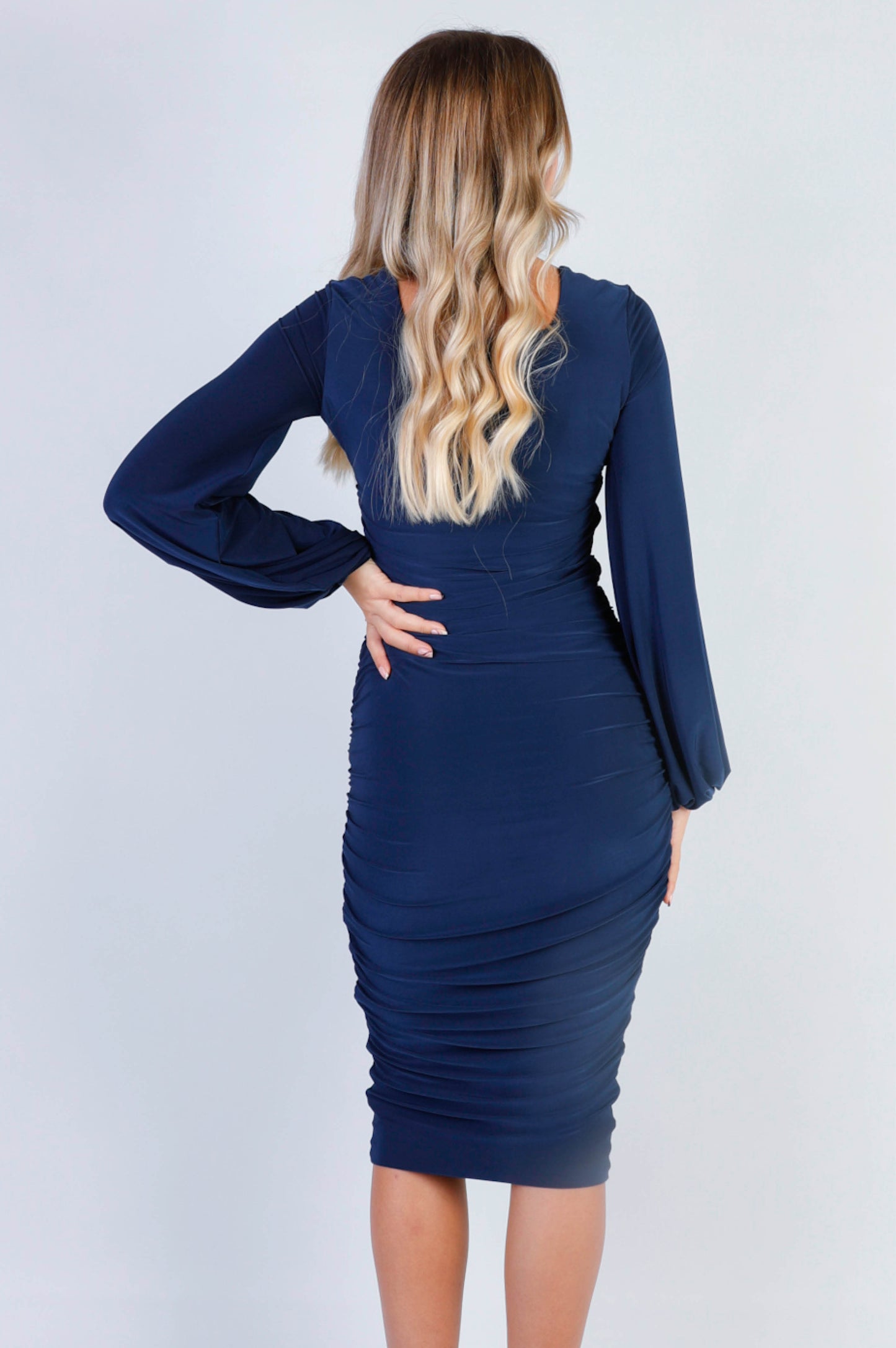 Tilly Square Neck Ruched Midi Dress in Navy