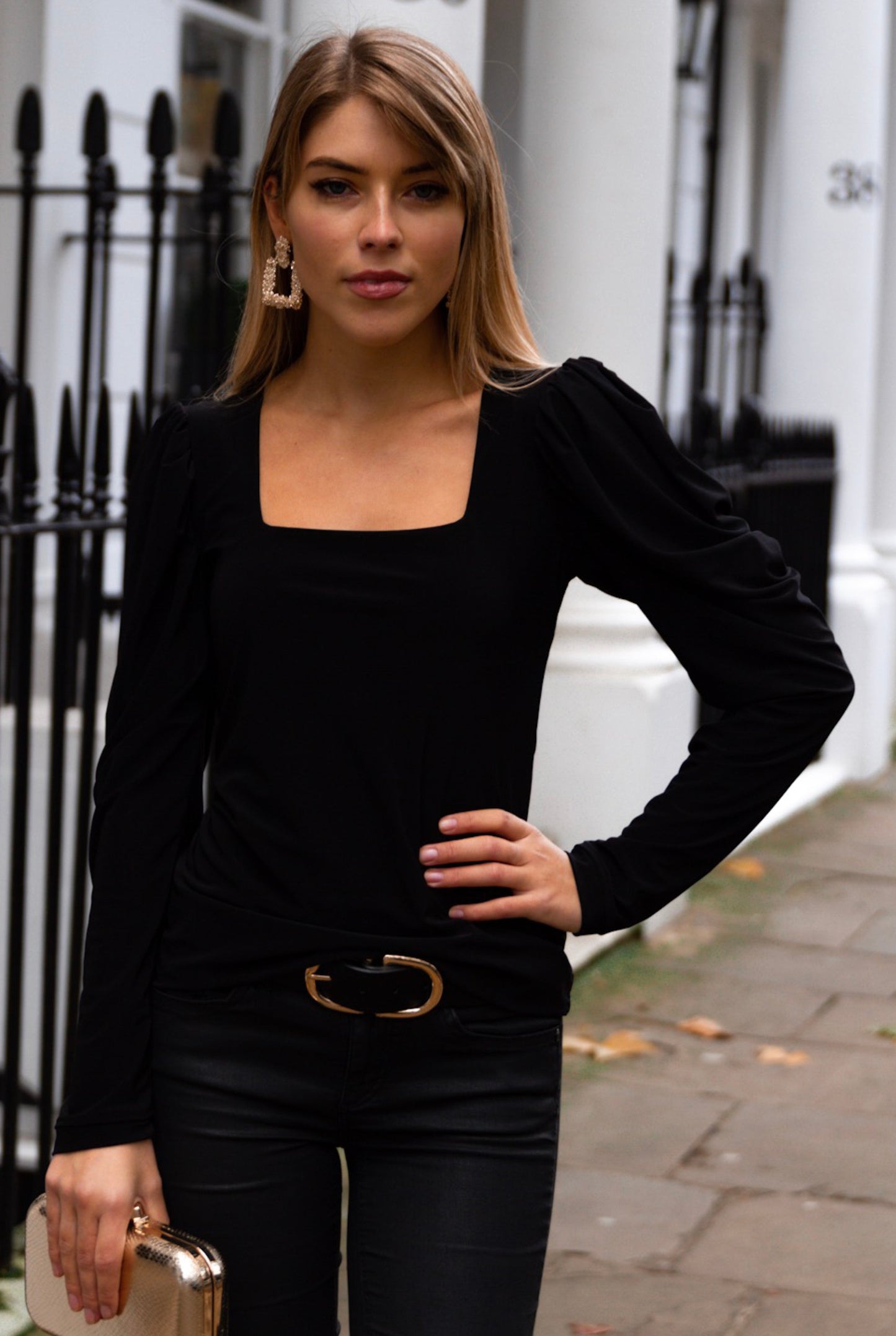 Elena Puff Shoulder Long Sleeve Top in Black - Pleat Boutique