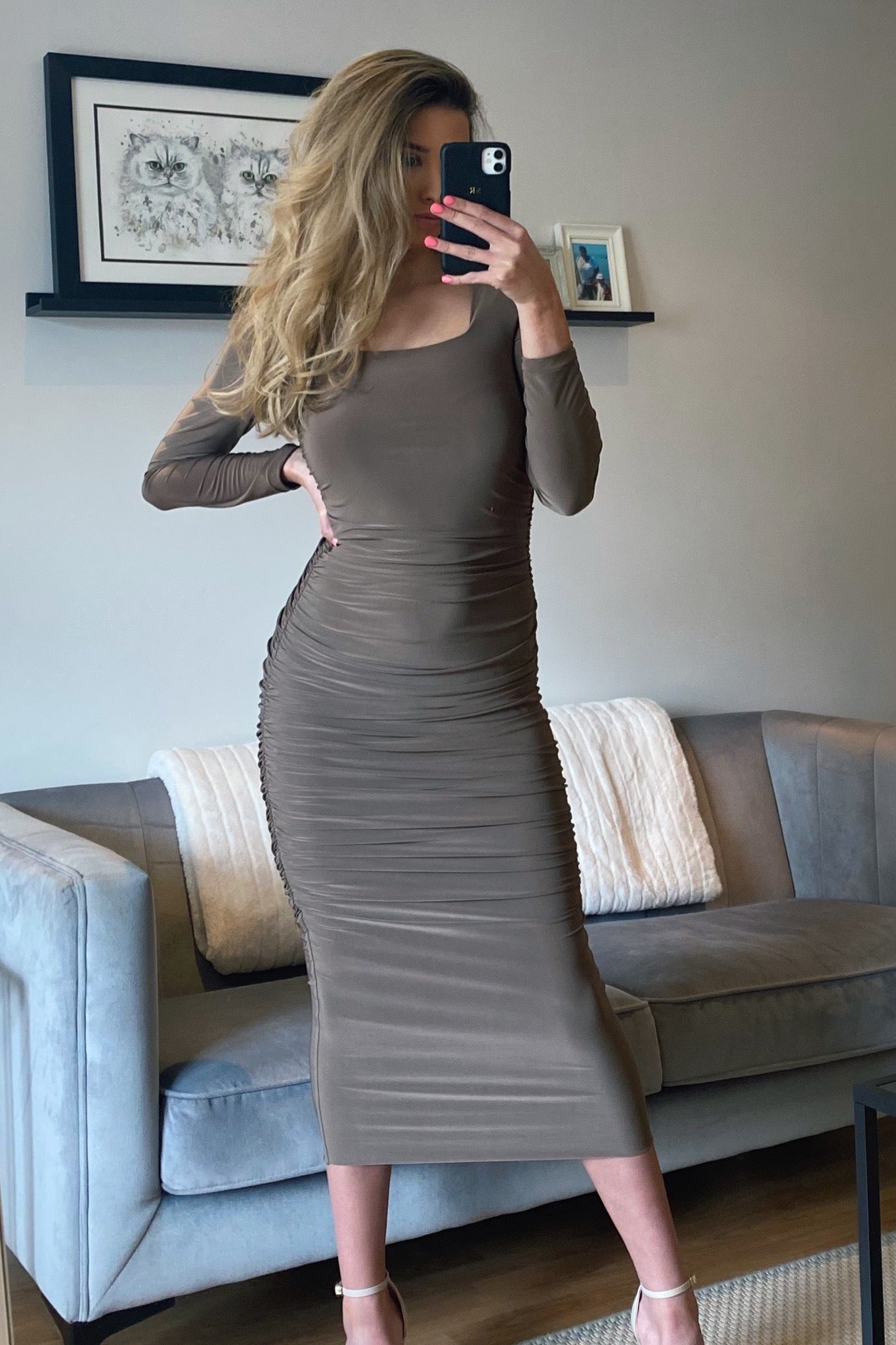 Evie Square Neck Long Sleeve Ruched Midaxi Dress in Brown - Pleat Boutique