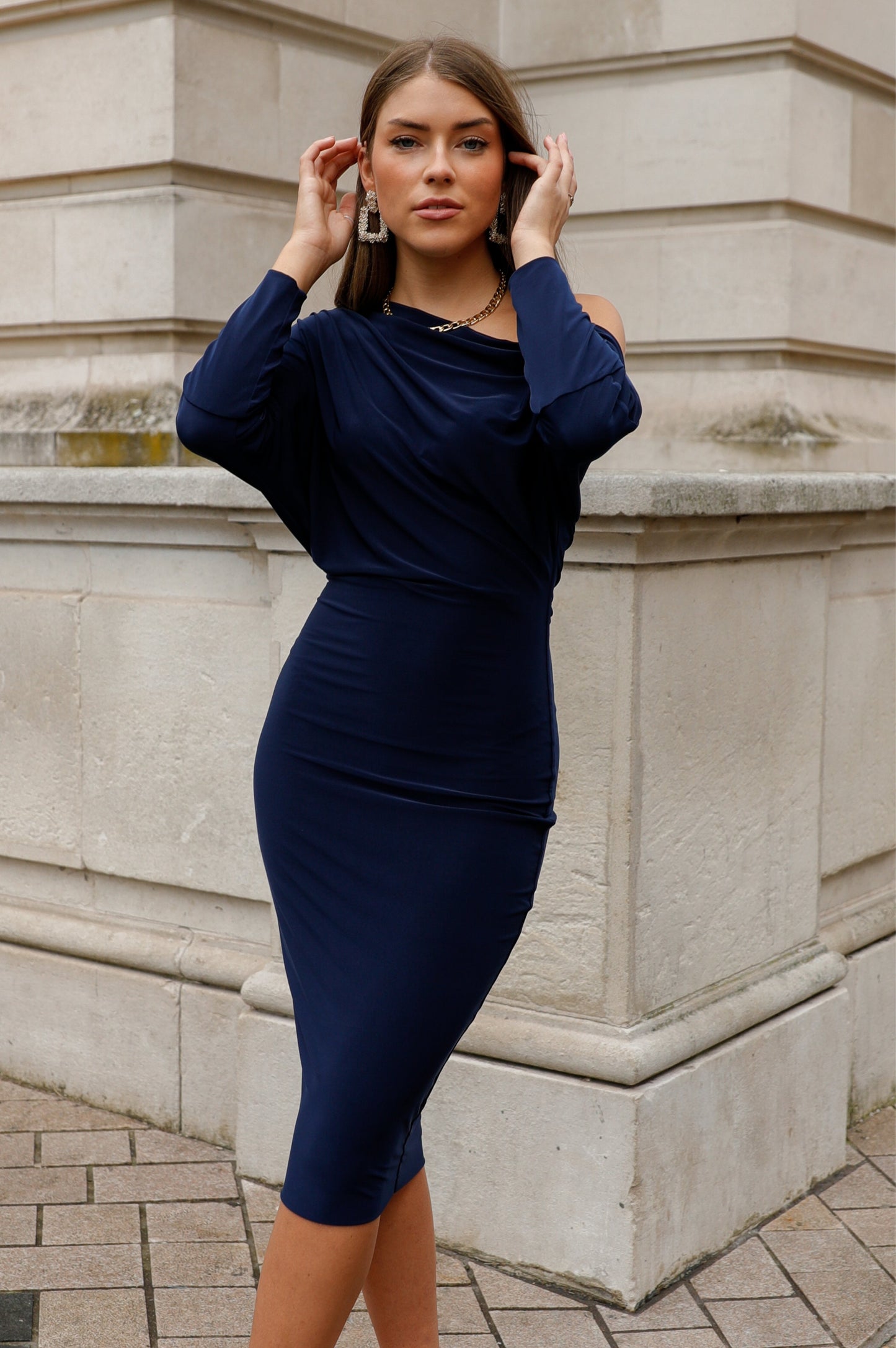 Jasmine Drape One Shoulder Midi Dress in Navy - Pleat Boutique