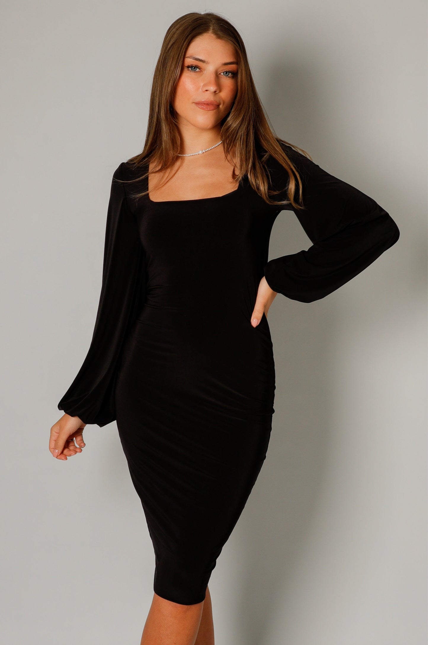 Marley Square Neck Balloon Sleeve Midi Dress in Black - Pleat Boutique