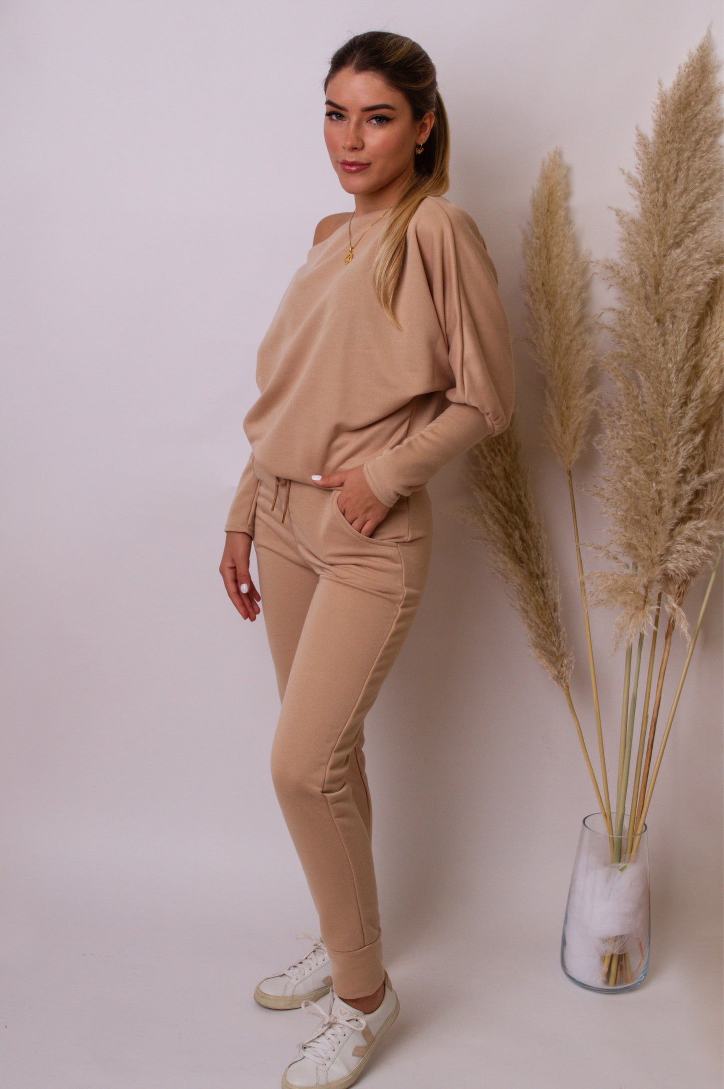 Mia off the Shoulder Sweater In Camel - Pleat Boutique