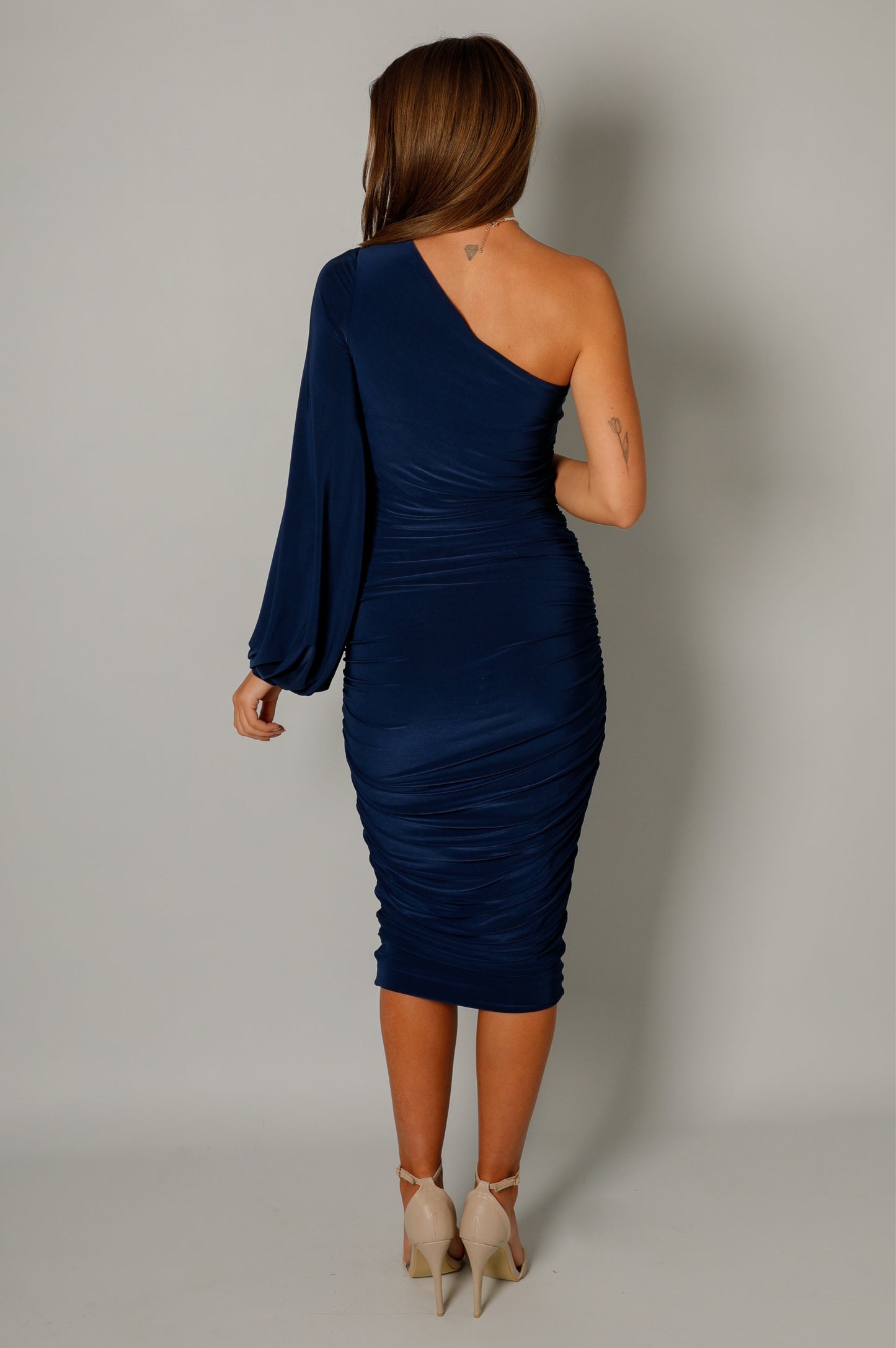 Phoebe One Shoulder Ruched Midi Dress in Navy - Pleat Boutique